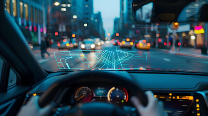 A holographic navigation system guiding a driver through city streets with real-time traffic...