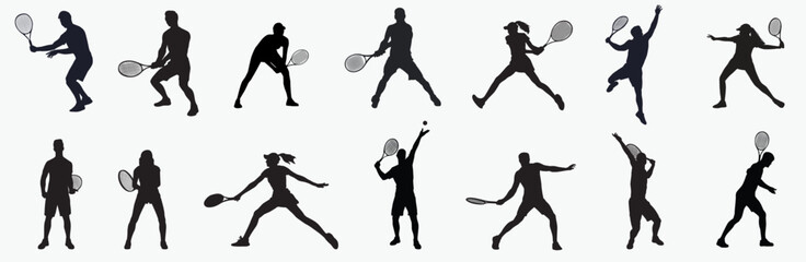 Tennis player Silhouettes.  Set of men and woman sport players. collection of clip art Silhouette. Black silhouettes vector illustration on white background. 