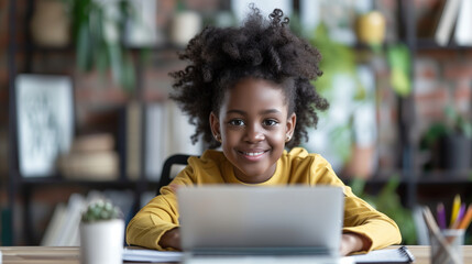 Little Girl Sitting at Table With Laptop