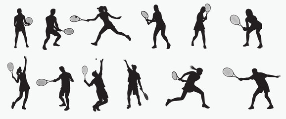 Tennis player Silhouettes.  Set of men and woman tennis players. collection of clip art Silhouette. Black silhouettes vector illustration on white background. 