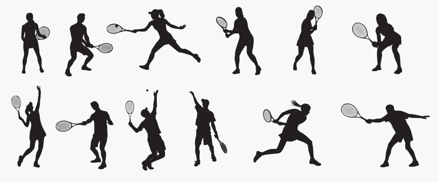 Tennis player Silhouettes.  Set of men and woman tennis players. collection of clip art Silhouette. Black silhouettes vector illustration on white background. 