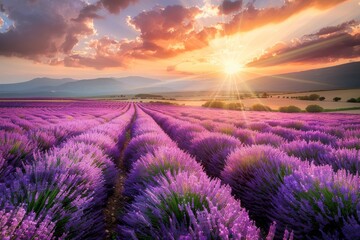 Lavender Field at Sunset, Purple Flowers Landscape, Morning Lavender Fields, Copy Space