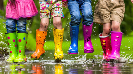 Joyful children Jumping in Colorful Rain Boots on Muddy Ground: Playful Autumn Scene with Vibrant Colors and Rainy Weather - Powered by Adobe