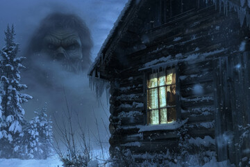 Monstrous Figure Peeking in Snowy Cabin Window Scene