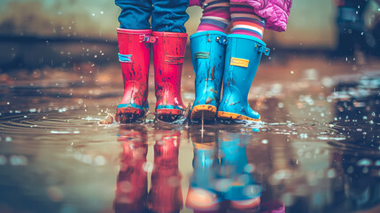 Joyful Child Jumping in Colorful Rain Boots on Muddy Ground: Playful Autumn Scene with Vibrant Colors and Rainy Weather