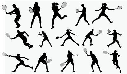 set of men and women tennis players silhouette on white background. Vector illustration