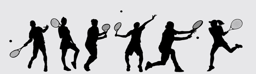 Tennis player silhouette. Set of male and female tennis players collection. 