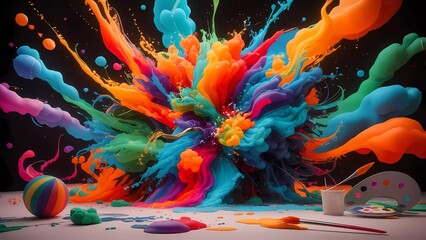 Paisaje de color: Escena pintoresca en 3D con explosión de colores y pinceladas artísticas, transportando al espectador a un mundo de fantasía.