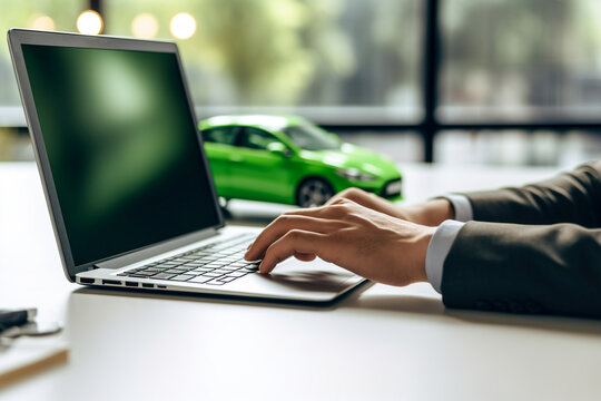 Man working on laptop in front of green car. Online buying and selling auto
