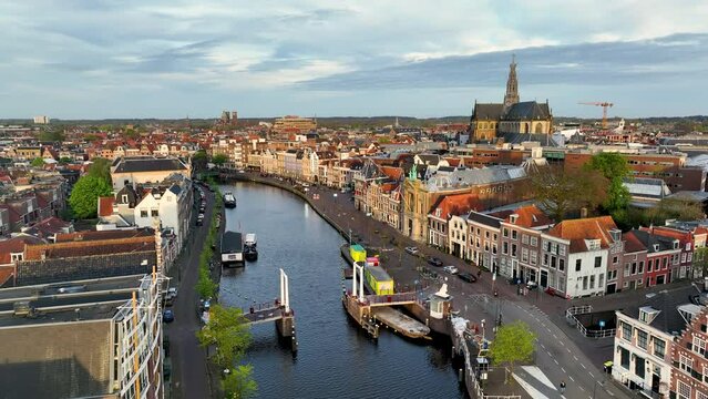 Aerial view on a small town Haarlem, Netherlands. Filming from the air with a drone at Dutch