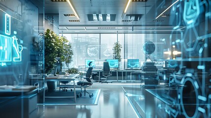 A futuristic office space with transparent screens wrapping around the perimeter, providing...