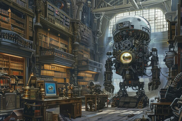 A steam-powered robot with a brass heart, meticulously organizing ancient gears and pistons in a vast, clockwork library.