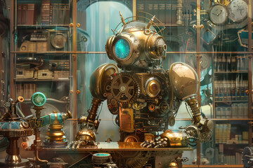 A steam-powered robot with a brass heart, meticulously organizing ancient gears and pistons in a vast, clockwork library. - obrazy, fototapety, plakaty