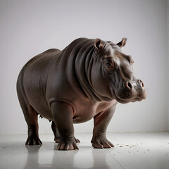 Fototapeta premium A large hippopotamus stands on a blue background The hippopotamus is gray and has a large mouth It is looking to the right of the frame