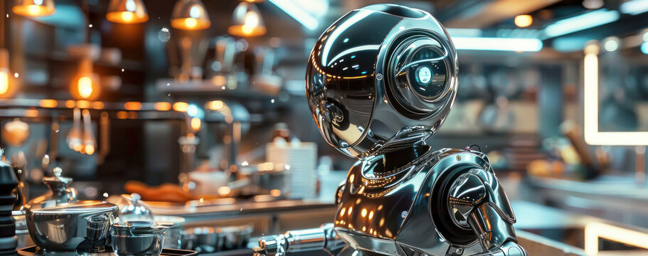 A chef droid with a body of polished chrome, whipping up luminescent dishes with ingredients from synthetic organic printers.