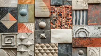 A collection of textured clay tiles each one handcarved with unique geometric patterns and painted with a muted color palette..