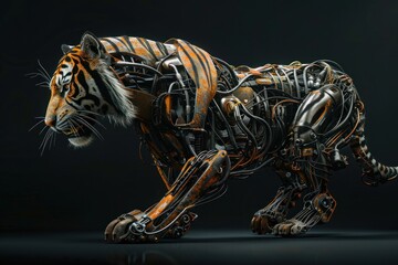 A tiger made of metal. The tiger is walking on a black background - obrazy, fototapety, plakaty
