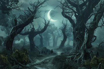 Haunted Forest Path and Gnarled Trees under Crescent Moon - obrazy, fototapety, plakaty