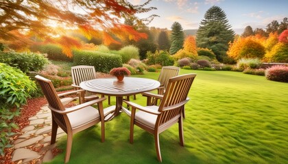 out door chairs with table and lush green garden in autumn or summer; high angle view, no people - obrazy, fototapety, plakaty