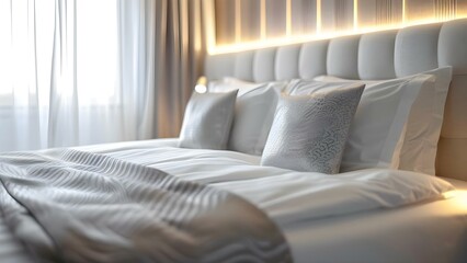 A clean hotel room with a fresh white double bed and pillows. Concept Hotel Room, White Bed, Double Bed, Fresh Linens, Clean Room