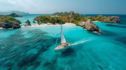 Obraz premium Sarah and Alex find bliss in Caribbean paradise, their sailboat tracing a path past islands adorned with pristine beaches.