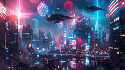 Futuristic Independence Day Cityscape with Holograms