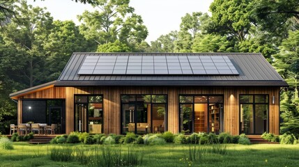 A sleek and minimalist home design with large windows utilizing natural light and solar panels for energy efficiency..
