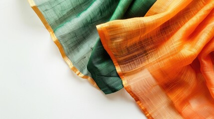Traditional Handmade Green and Orange Color Saree for Women on White Background
