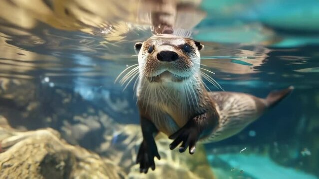 playful otter swimming underwater in clear blue water