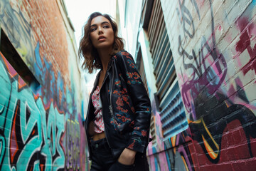 Naklejka premium Young woman street fashion graffiti photoshoot