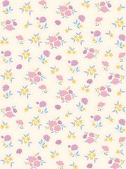 Seamless Floral Pattern With Pink Roses and Yellow Star-Shaped Flowers on a Light Background