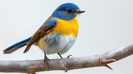 A blue and yellow bird is perched on a branch - Powered by Adobe