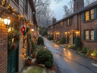 A street with houses decorated for Christmas. The street is wet from the rain