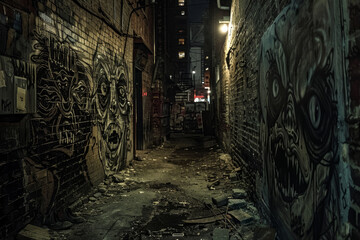 Graffiti Alleyway at Night with Shadowy Figure