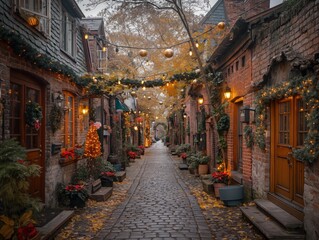 A narrow street with a Christmas tree in the middle and a few other trees along the sides. The street is lined with potted plants and decorations, giving it a festive and cozy atmosphere