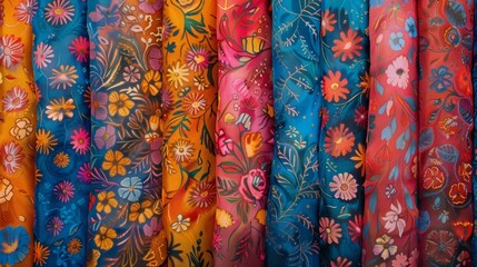 A set of luxurious silk scarves each handprinted with a unique and intricate design of spring blooms adding a touch of elegance to any spring outfit..