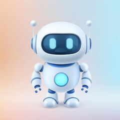 3D rendering, cute robot character icon with expressionless, white and neon blue colors. Isolated on blue-green gradient background.