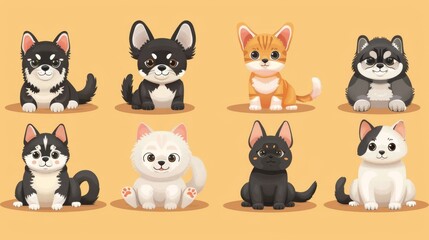 A set of cute cartoon dogs and cats with different breeds and colors. The perfect addition to any home!