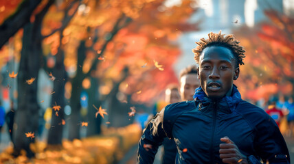 A marathon runner sprints through the streets of Paris..