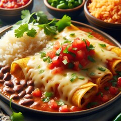 New Mexican flat enchiladas with vegetable chunks and blurred background,High-Quality 16K Photography