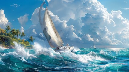 Sarah and Alex's sailboat glides on Caribbean waves, passing by islands adorned with the splendor of nature's canvas. - obrazy, fototapety, plakaty