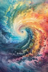 A vibrant watercolor painting depicting a swirling spiral galaxy, capturing the beauty and mystery of the cosmos with abstract nebulae and a mesmerizing blend of colors.