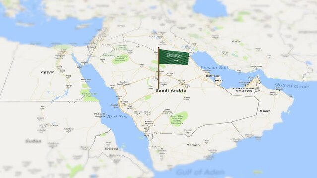 Saudi Arabia flag showing on world map with 3d rendering