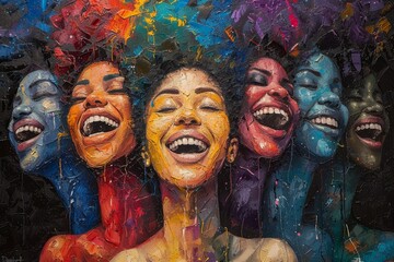 Smiling faces jump against bright colors, radiating diverse unity and exuberant happiness in dynamic compositions. 