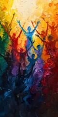 Smiling faces leap against bright colors, symbolizing diverse unity and joyful celebration in dynamic, colorful images.