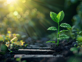 A small green plant is growing in the dirt. The plant is surrounded by a lot of dirt and rocks. The sunlight is shining on the plant, making it look healthy and vibrant