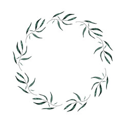 Watercolor wreath of dark green leaves. Hand drawn, isolated on a white background. For packaging, websites, tarot cards, brochures, posters, flyers