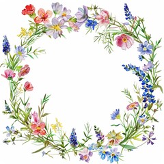 Fototapeta premium floral wreath, watercolor flowers, botanical illustration, wildflowers, hand-painted, artistic, spring blooms, delicate