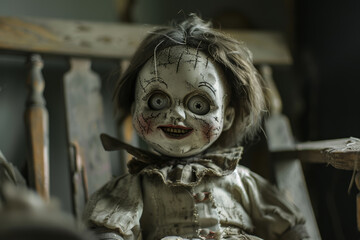 Old Creepy Doll Close-Up Wooden Chair Dark Room