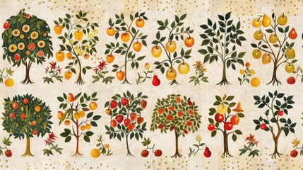 A set of vintageinspired tea towels adorned with illustrations of a variety of fruit trees aligned in rows celebrating the beauty of nature in the kitchen..